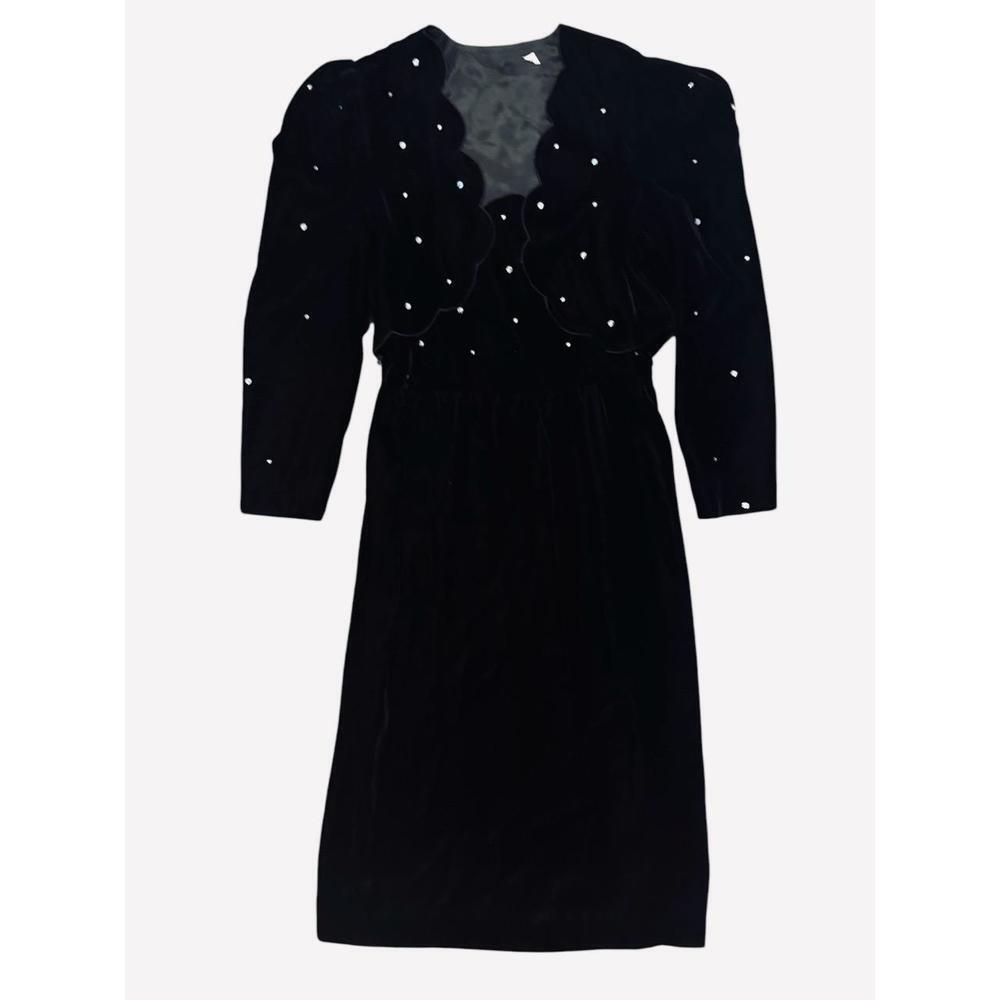 Vintage Black Velvet Mini Cami Dress & Jacket Scalloped Trim Rhinestones Size 12